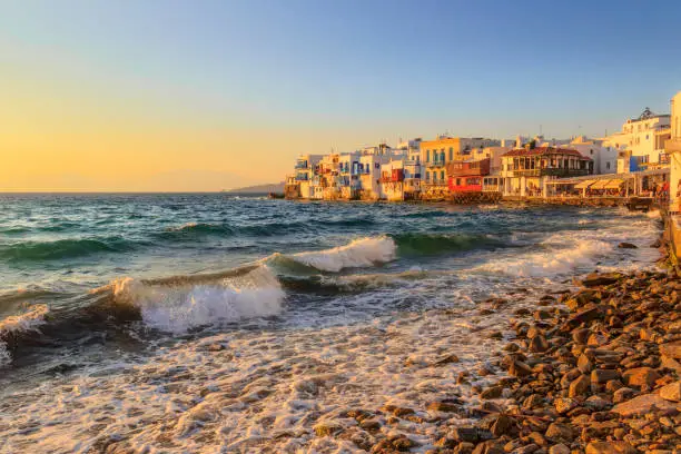 Photo of View of the famous pictorial Little Venice bay of Mykonos old town in Cyclades islands of Greece.