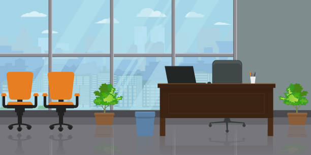Empty modern wide office interior with large window and cityscape view. Flat and solid color Vector illustration. Empty modern wide office interior with large window and cityscape view. High detailed flat and solid color Vector illustration. desk backgrounds stock illustrations