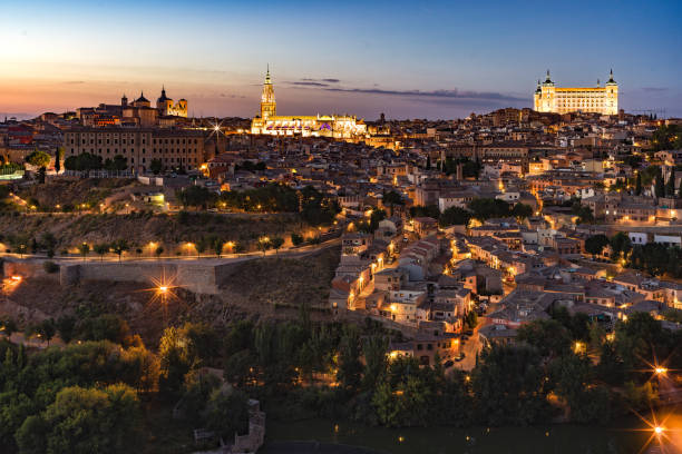 panoramic of Toledo at night with the cathedral and the Alcazar