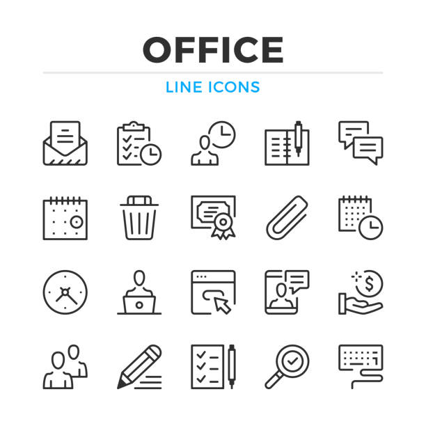 illustrazioni stock, clip art, cartoni animati e icone di tendenza di set di icone delle linee di office. elementi di contorno moderni, concetti di progettazione grafica. tratto, stile lineare. semplice raccolta di simboli. icone delle linee vettoriali - symbol computer icon calendar icon set