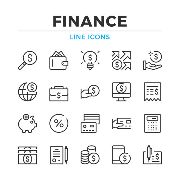 kuvapankkikuvitukset aiheesta rahoitusrivikuvakkeet määritetty. modernit ääriviivaelementit, graafisen suunnittelun käsitteet. aivohalvaus, lineaarinen tyyli. yksinkertainen symbolikokoelma. vektoriviivan kuvakkeet - currency symbol