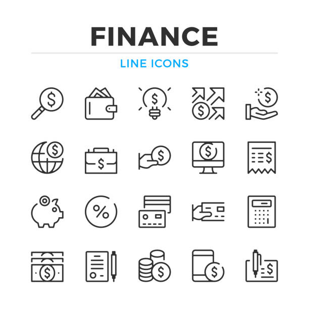 금융 선 아이콘 세트입니다. 현대 개요 요소, 그래픽 디자인 개념입니다. 선, 선형 스타일입니다. 간단한 기호 컬렉션입니다. 벡터 라인 아이콘 - finance stock illustrations