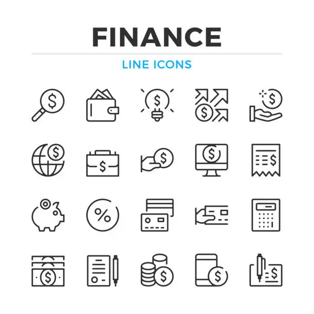 Vector illustration of Finance line icons set. Modern outline elements, graphic design concepts. Stroke, linear style. Simple symbols collection. Vector line icons