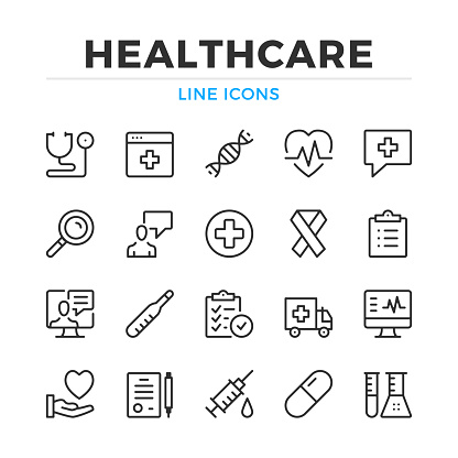 Healthcare line icons set. Modern outline elements, graphic design concepts. Stroke, linear style. Simple symbols collection. Vector line icons