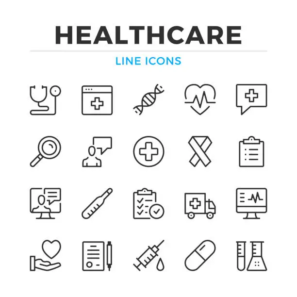 Vector illustration of Healthcare line icons set. Modern outline elements, graphic design concepts. Stroke, linear style. Simple symbols collection. Vector line icons