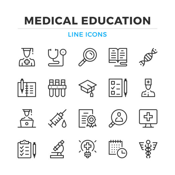 ilustraciones, imágenes clip art, dibujos animados e iconos de stock de conjunto de iconos de línea educación médica. elementos de contorno moderno, conceptos de diseño gráfico. trazo, estilo lineal. colección de símbolos sencillos. iconos de línea del vector - graduation university degree learning