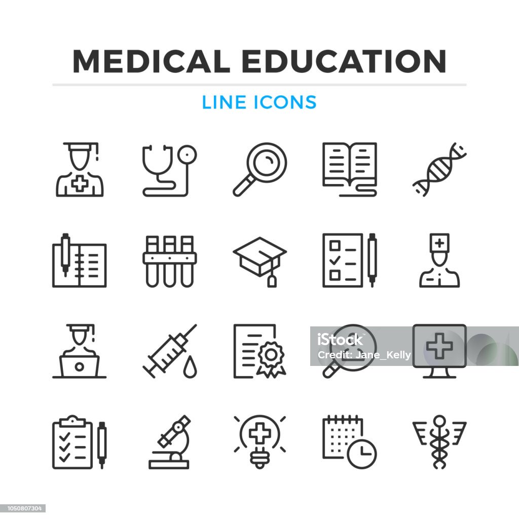 Formation médicale ligne icônes définies. Éléments de contour moderne, les concepts de design graphique. Accident vasculaire cérébral, style linéaire. Collection de symboles simples. Icônes de vecteur ligne - clipart vectoriel de Icône libre de droits