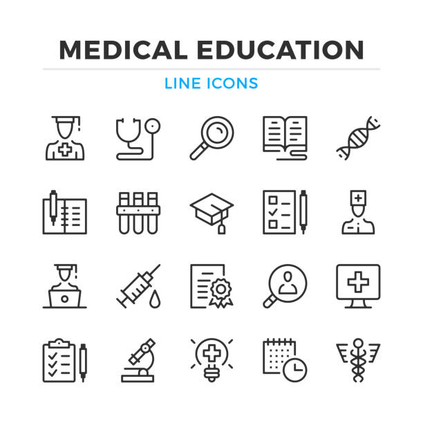 Medical education line icons set. Modern outline elements, graphic design concepts. Stroke, linear style. Simple symbols collection. Vector line icons Medical education line icons set. Modern outline elements, graphic design concepts. Stroke, linear style. Simple symbols collection. Vector line icons medical education stock illustrations