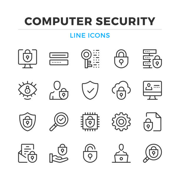 ustawienia ikon linii zabezpieczeń komputera. nowoczesne elementy konspektu, koncepcje graficzne. obrys, styl liniowy. kolekcja prostych symboli. ikony linii wektorowych - secrecy lock locking safe stock illustrations