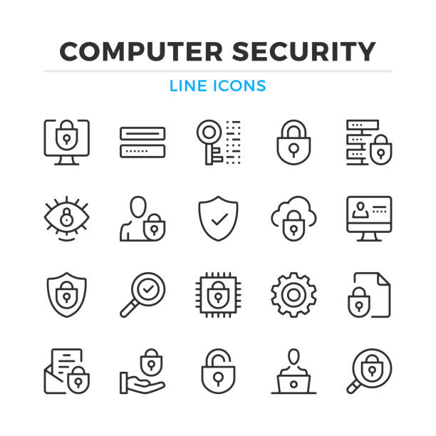 bilgisayar güvenlik hattı icons set. modern anahat öğelerini, grafik tasarım kavramları. i̇nme, doğrusal tarzı. basit semboller koleksiyonu. vektör hat simgeler - cybersecurity stock illustrations