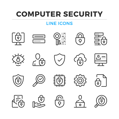 Computer security line icons set. Modern outline elements, graphic design concepts. Stroke, linear style. Simple symbols collection. Vector line icons