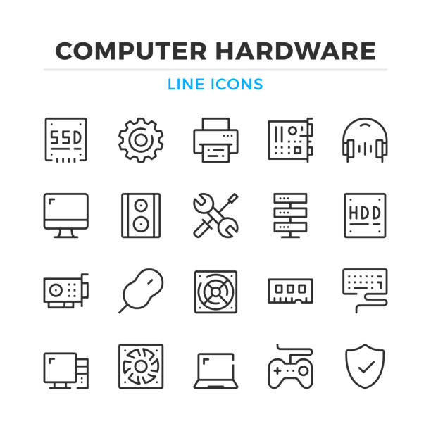 Computer hardware line icons set. Modern outline elements, graphic design concepts. Stroke, linear style. Simple symbols collection. Vector line icons Computer hardware line icons set. Modern outline elements, graphic design concepts. Stroke, linear style. Simple symbols collection. Vector line icons computer store stock illustrations