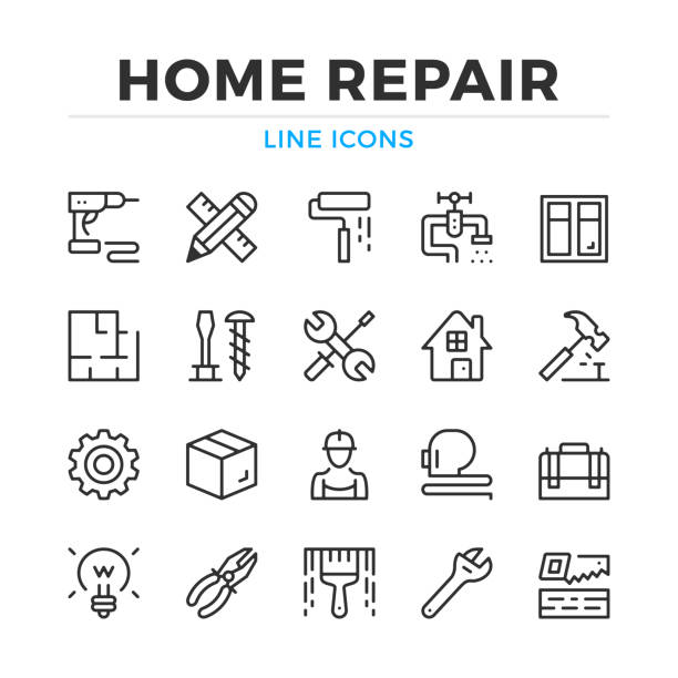 집 수리 라인 아이콘을 설정합니다. 현대 개요 요소, 그래픽 디자인 개념입니다. 선, 선형 스타일입니다. 간단한 기호 컬렉션입니다. 벡터 라인 아이콘 - home improvement drill house repairing stock illustrations