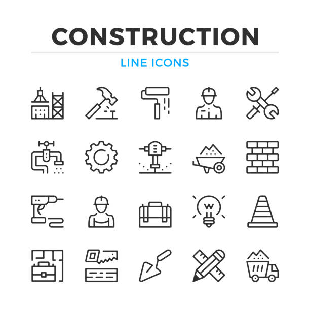 zestaw ikon linii konstrukcyjnych. nowoczesne elementy konspektu, koncepcje graficzne. obrys, styl liniowy. kolekcja prostych symboli. ikony linii wektorowych - construction equipment stock illustrations