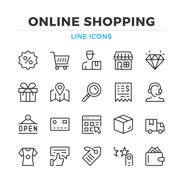 Online shopping line icons set. Modern outline elements, graphic design concepts. Stroke, linear style. Simple symbols collection. Vector line icons Online shopping line icons set. Modern outline elements, graphic design concepts. Stroke, linear style. Simple symbols collection. Vector line icons store symbols stock illustrations