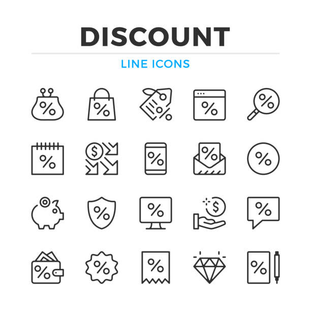 Discount line icons set. Modern outline elements, graphic design concepts. Stroke, linear style. Simple symbols collection. Vector line icons - ilustração de arte vetorial