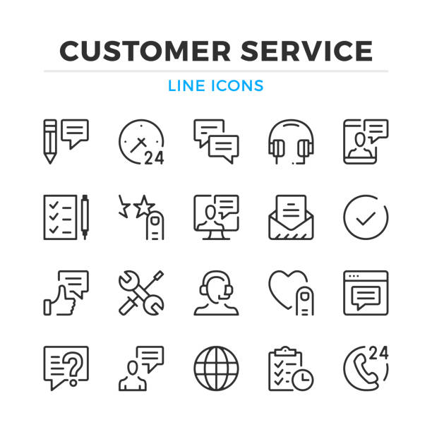 ustawiono ikony linii obsługi klienta. nowoczesne elementy konspektu, koncepcje graficzne. obrys, styl liniowy. kolekcja prostych symboli. ikony linii wektorowych - satisfaction computer icon customer service representative symbol stock illustrations