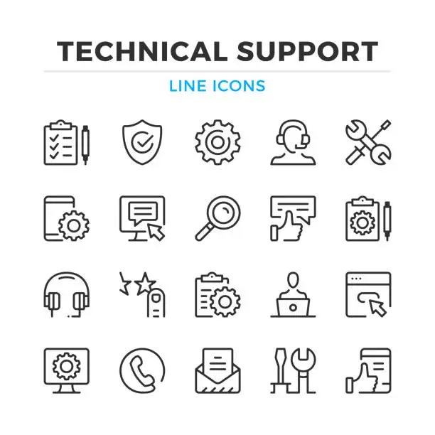 Vector illustration of Technical support line icons set. Tech support, maintenance. Modern outline elements, graphic design concepts. Stroke, linear style. Simple symbols collection. Vector line icons