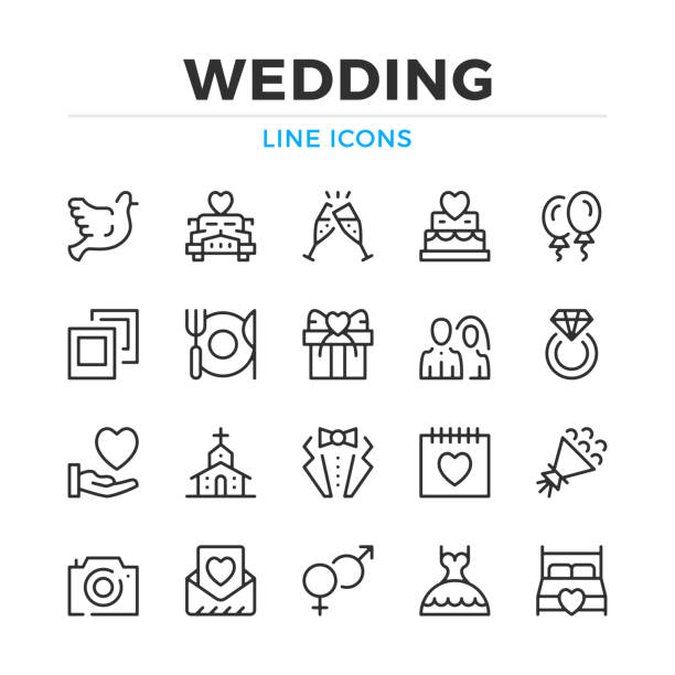 Wedding line icons set. Modern outline elements, graphic design concepts. Stroke, linear style. Simple symbols collection. Vector line icons Wedding line icons set. Modern outline elements, graphic design concepts. Stroke, linear style. Simple symbols collection. Vector line icons honeymoon photos stock illustrations