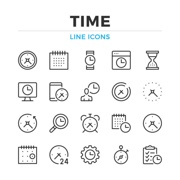 ilustraciones, imágenes clip art, dibujos animados e iconos de stock de set de iconos de la línea de tiempo. elementos de contorno moderno, conceptos de diseño gráfico. trazo, estilo lineal. colección de símbolos sencillos. iconos de línea del vector - time table