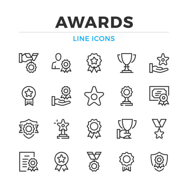 ilustrações de stock, clip art, desenhos animados e ícones de awards line icons set. modern outline elements, graphic design concepts. stroke, linear style. simple symbols collection. vector line icons - gold medal medal certificate ribbon