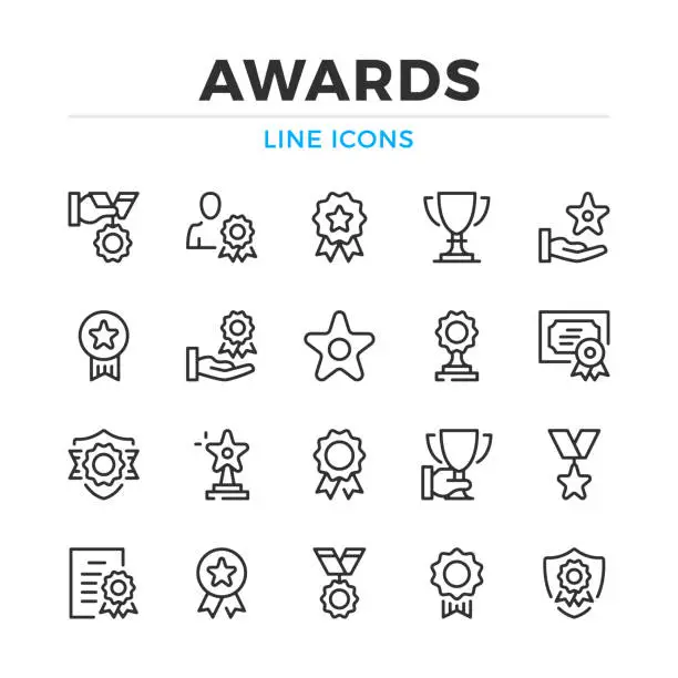 Vector illustration of Awards line icons set. Modern outline elements, graphic design concepts. Stroke, linear style. Simple symbols collection. Vector line icons