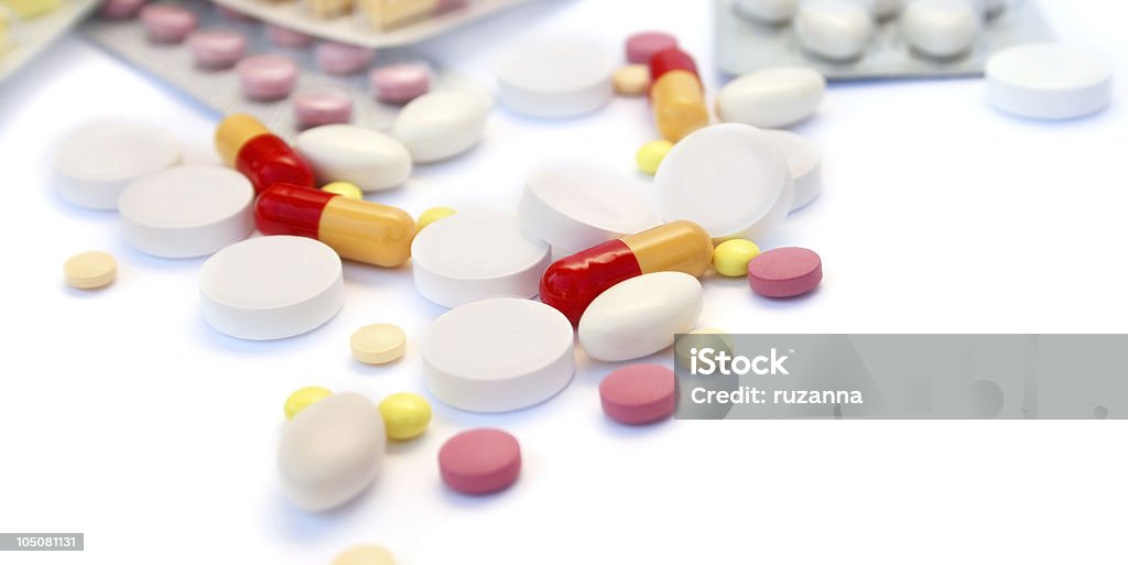 Medical pills and tablets Medical pills and tablets isolated on white background. Acetylsalicylic Acid Stock Photo