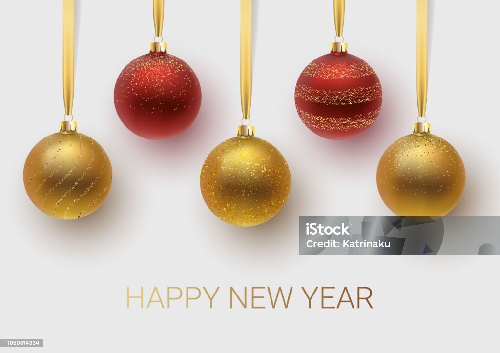 Cartão de ano novo 2019. Ouro e vermelha bola Natal, com um ornamento e lantejoulas. Ilustração em vetor. - Vetor de Natal royalty-free