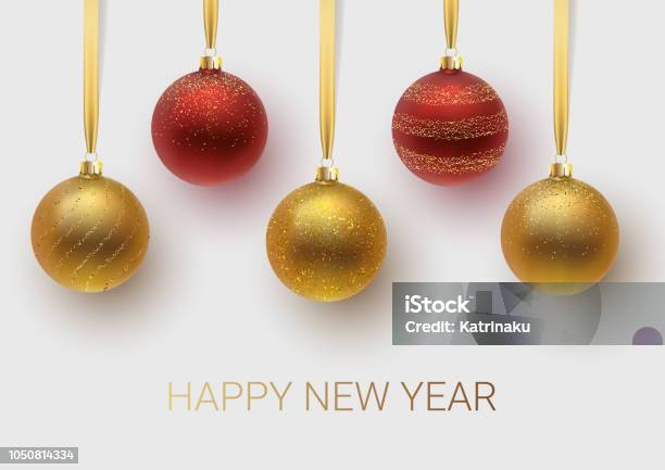 New Year 2019 Greeting Card Gold And Red Christmas Ball With An Ornament And Spangles Vector Illustration Stock Illustration - Download Image Now