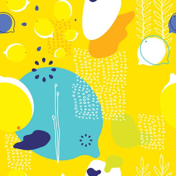 ilustraciones, imágenes clip art, dibujos animados e iconos de stock de patrón de fondo transparente amarillo colorido con limones y elementos abstractos - lemon backgrounds fruit textured