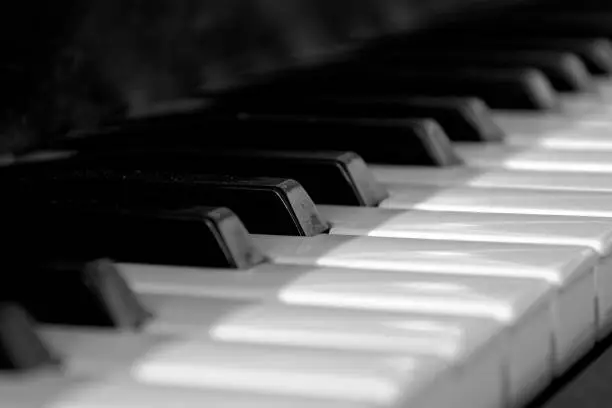 Piano keys in close-up in black and white