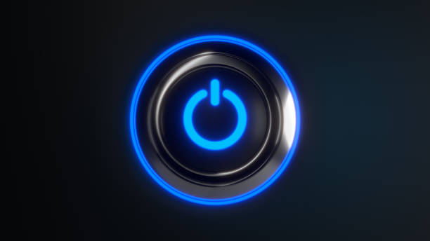 power button with blue led lights - push button off imagens e fotografias de stock