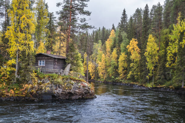 Beautiful fall colors with cabin and river at autumn day in Myllykoski, Kuusamo, Finland Beautiful fall colors with cabin and river at autumn day in Myllykoski, Kuusamo, Finland finnish lapland autumn stock pictures, royalty-free photos & images