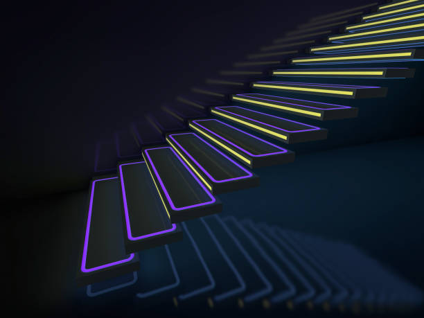 istock Stairs in neon lights going up to club or disco. 3D 1050827108