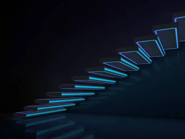 Photo of Stairs in neon lights going up to club or disco. 3D