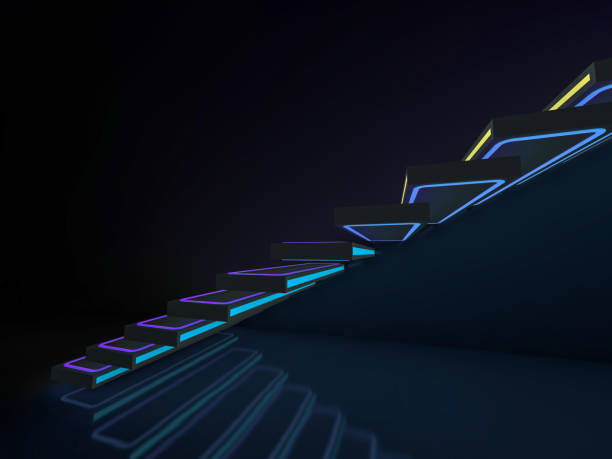 istock Stairs in neon lights going up to club or disco. 3D 1050827152
