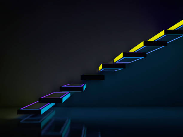 istock Stairs in neon lights going up to club or disco. 3D 1050827236