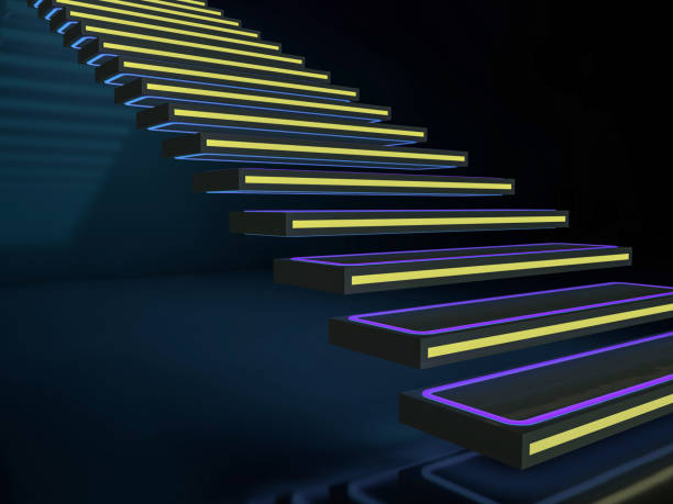 istock Stairs in neon lights going up to club or disco. 3D 1050827242