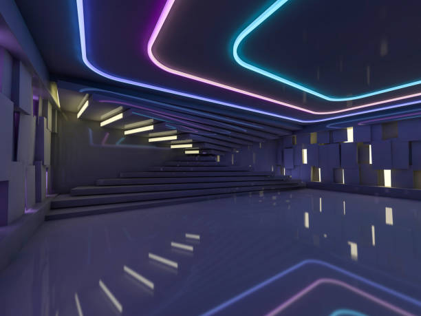 istock Background of an empty room with walls and neon light. Neon rays and glow. 3D 1050827720
