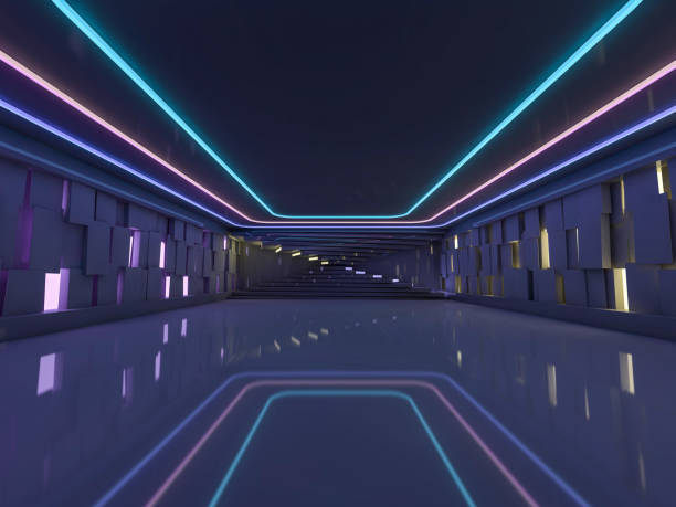 istock Background of an empty room with walls and neon light. Neon rays and glow. 3D 1050827842