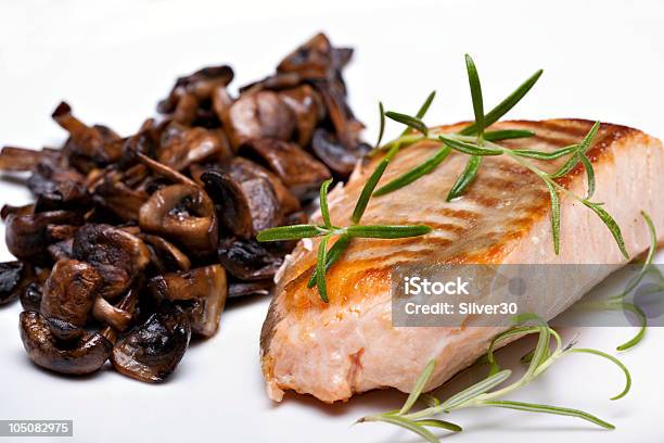 Grilled Fish Salmon Steak Stock Photo - Download Image Now - Edible Mushroom, Salmon Steak, Baked