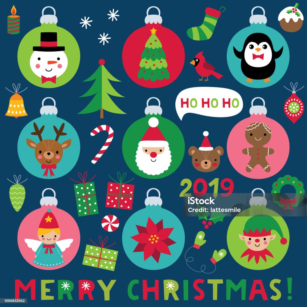 Christmas balls with cartoon characters and decoration set Christmas stock vector