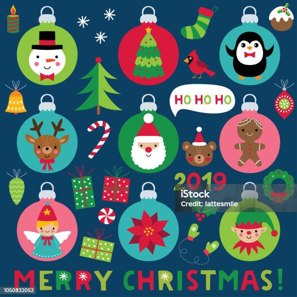 Christmas Balls With Cartoon Characters And Decoration Set Stock Illustration - Download Image Now