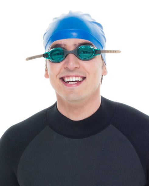 attractive male athlete - swimming male isolated swimming goggles imagens e fotografias de stock