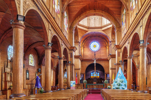 Inside the church St. Francis, is the main catholic temple of the capital of the province of Chiloé, Castro, Chile stock photo