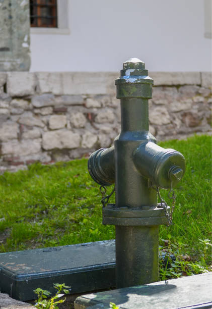 istock Dark green fire hydrant against a lawn and stone wall 1050838190
