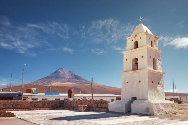 Tower of the church of Cariquima, near Colchane, in the Tarapaca region, in the foothills of the Cariquima mountain, Chile stock photo