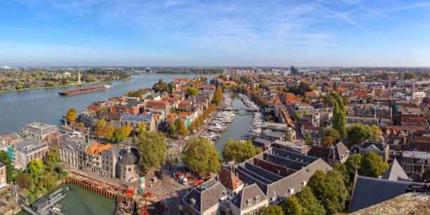 View from above of the inner city of the town of Dordrecht, Nieuwe haven Panoramic cityscape of the city of Dordrecht from the Grote Kerk tower on a sunny autumn day dordrecht stock pictures, royalty-free photos & images