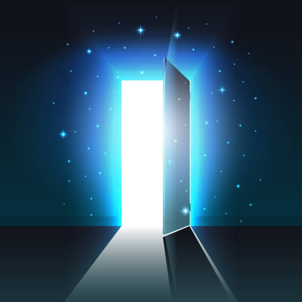 istock Mystical light from the open door of a dark room, abstract glowing exit, background, open door template, mock up 1050838620