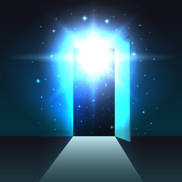 istock Mystical light from the open door of a dark room, background, open door template, abstract glowing exit, mock up 1050838634